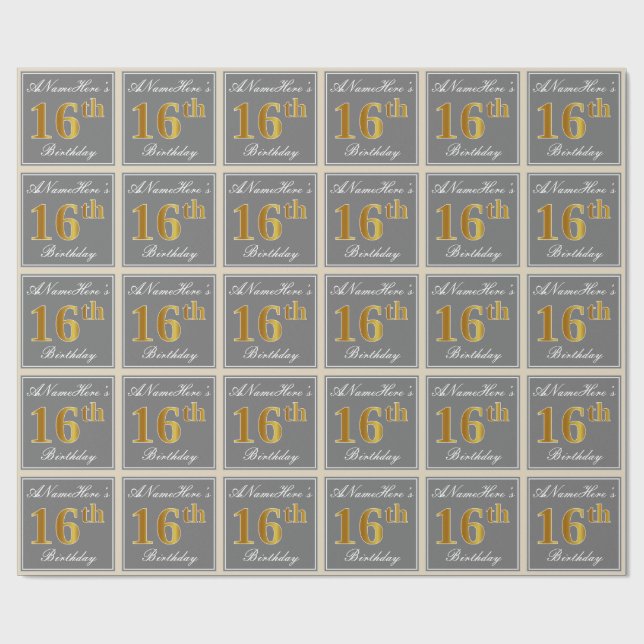 Papier Cadeau Elégant, gris, Faux Or 16ème anniversaire + Nom (Plat)