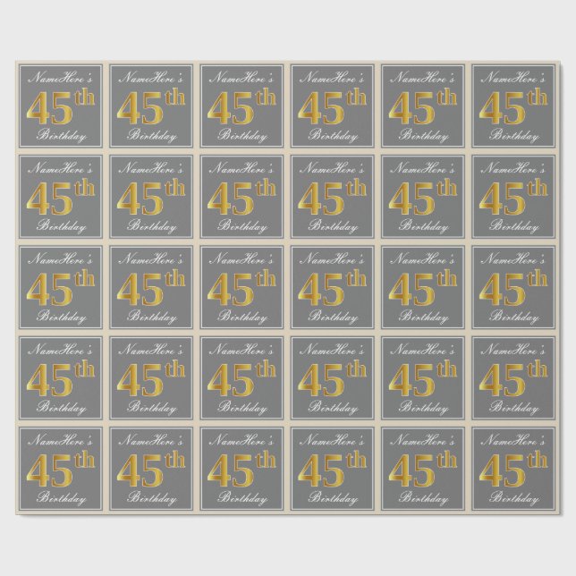 Papier Cadeau Elégant, gris, Faux Or 45ème anniversaire + Nom (Plat)