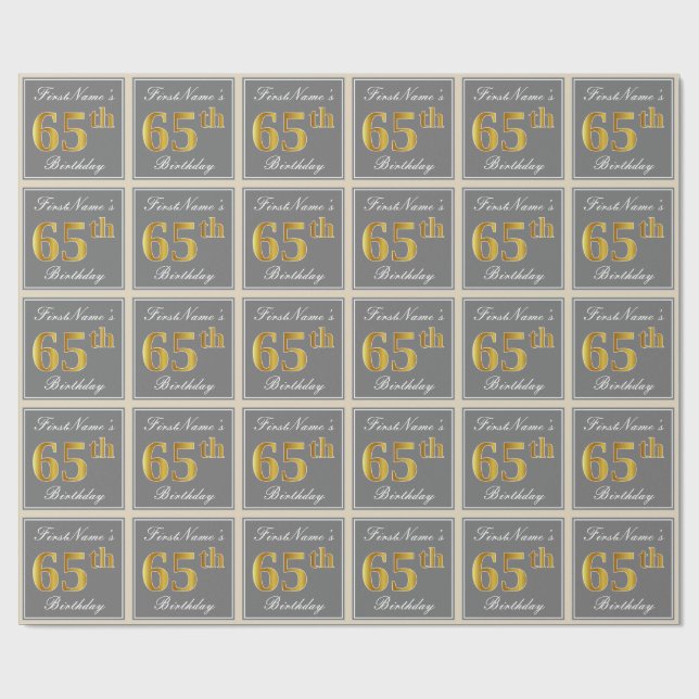 Papier Cadeau Elégant, gris, Faux Or 65ème anniversaire + Nom (Plat)