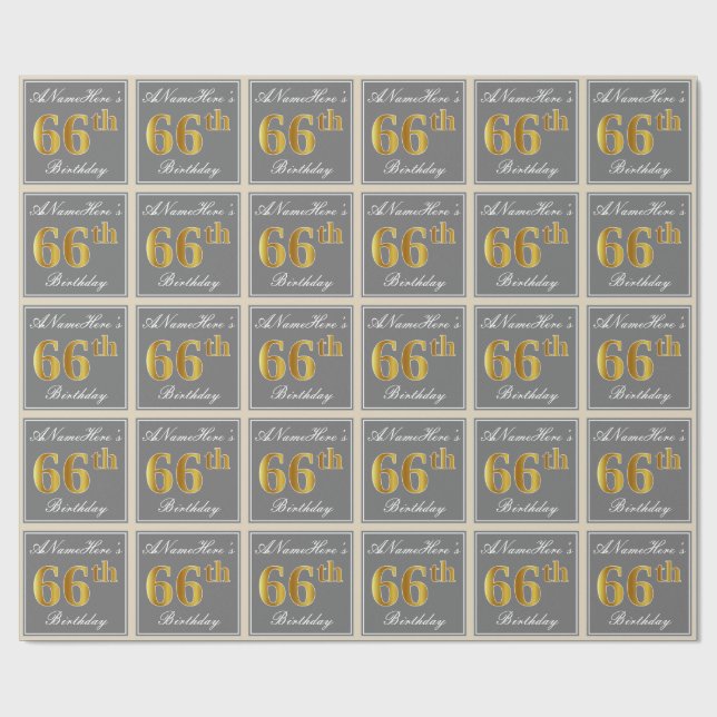 Papier Cadeau Elégant, gris, Faux Or 66ème anniversaire + Nom (Plat)