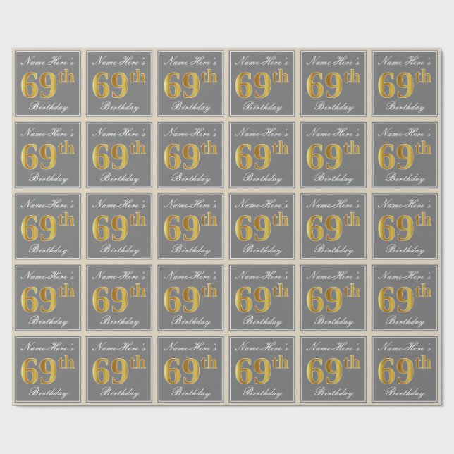 Papier Cadeau Elégant, gris, Faux Or 69ème anniversaire + Nom (Plat)