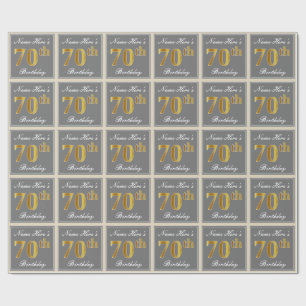 Papier Cadeau Elégant, gris, Faux Or 70ème anniversaire + Nom