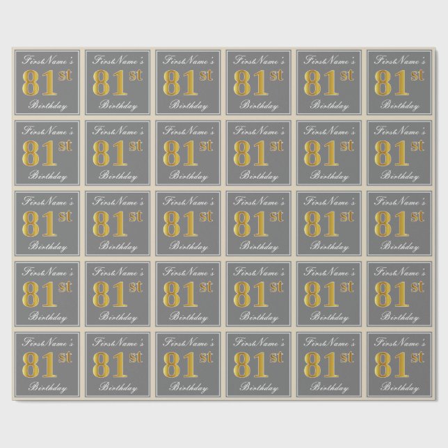 Papier Cadeau Elégant, gris, Faux Or 81ème Anniversaire + Nom (Plat)