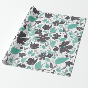 Papier Cadeau Élégant Gris Turquoise Brown Clematis motif floral