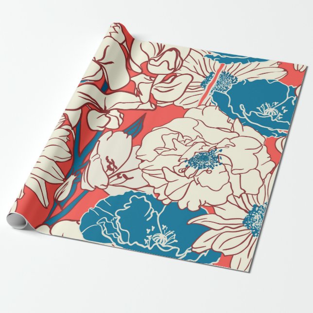 Papier Cadeau Elegant hand drawn Floral pattern, Garden flowers. (Déroulé)