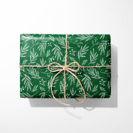 Papier Cadeau Elegant Holly & Berry Stems Green