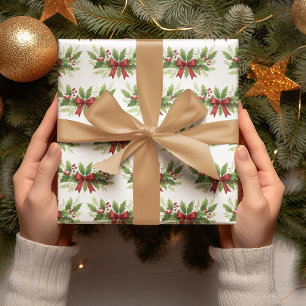 Papier Cadeau Elegant Holly & Red Bow Noël -
