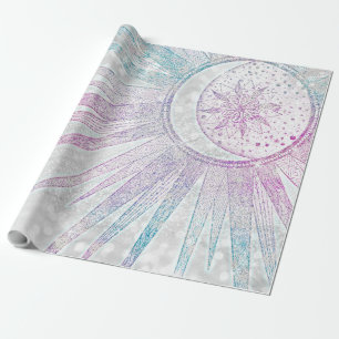 Papier Cadeau Elegant Iridescent Sun Moon Mandala Silver Design