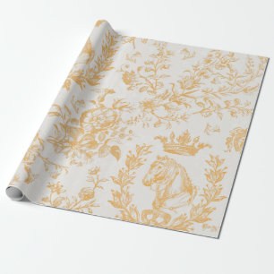 Papier Cadeau Elégant Jaune Beige Or Equestre Toile Florale