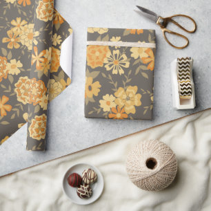Papier Cadeau Elégant Jaune Orange Fleurs Sur Brown