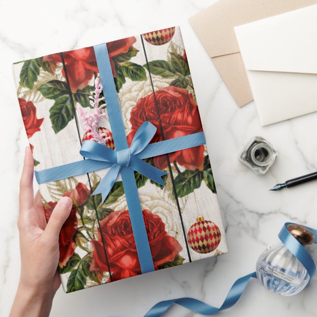 Papier Cadeau Élégant joli motif floral de Noël rouge (Cadeaux)