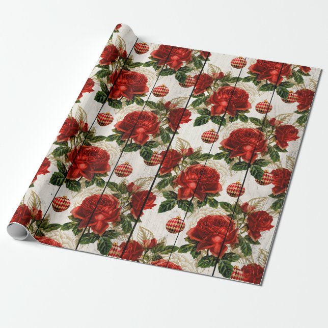 Papier Cadeau Élégant joli motif floral de Noël rouge (Déroulé)