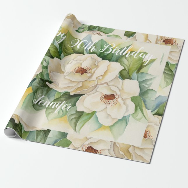 Papier Cadeau Elégant Joyeux 90e anniversaire Floral Blanc Nom (Déroulé)