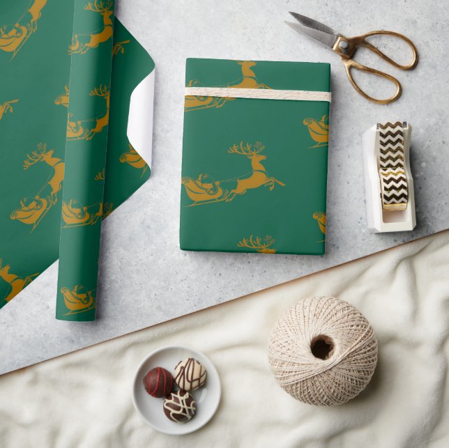 Papier Cadeau Élégant Joyeux Noël Gold père Noël Deer Sled xmas (Artisanat)