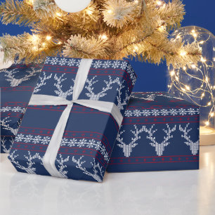 Papier Cadeau Élégant Knit de vacances traditionnel bleu