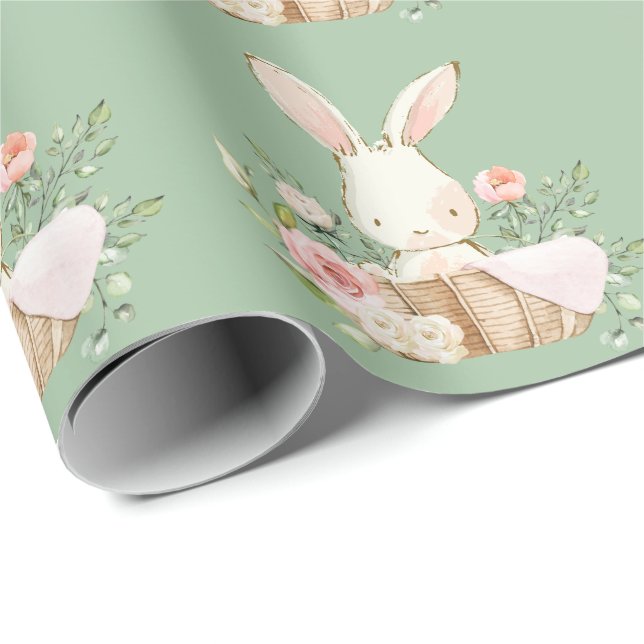 Papier Cadeau Elégant lapin lapin Baby shower vert (Coin rond)