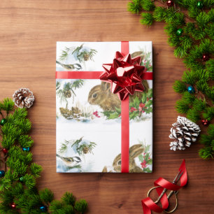 Papier Cadeau Élégant Lapin Neige Et Oiseaux De Noël