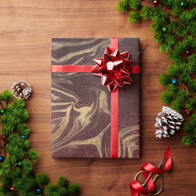 Papier Cadeau Elégant look or moderne et marbre bordeaux (Cadeau de vacances)