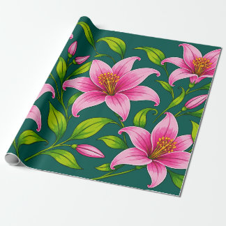 Papier Cadeau Élégant lys rose floral avec feuillage vert