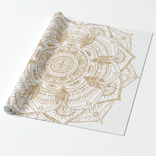 Papier Cadeau Elégant Mandala Blanc & Or Dessiné À La Main (Déroulé)