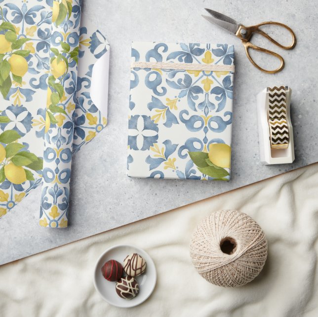 Papier Cadeau Élégant Mariage citron en carrelage bleu italien (Artisanat)