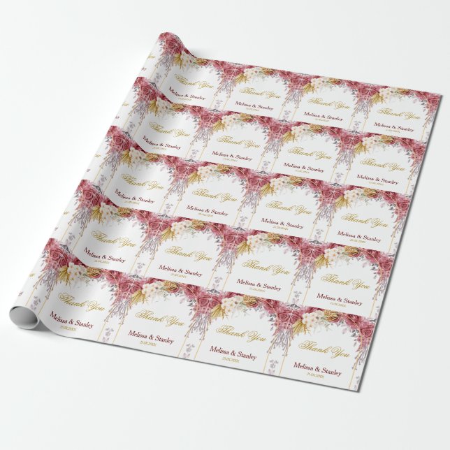 Papier Cadeau Élégant Mariage d'Eucalyptus Or Bourgogne Floral (Déroulé)