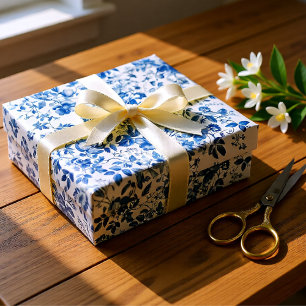 Papier Cadeau Élégant Mariage Floral Toile Bleu Poussiéreux