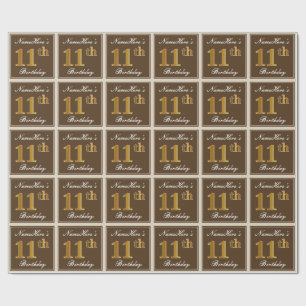 Papier Cadeau Elégant, Marron, Doré Faux 11e Anniversaire + Nom