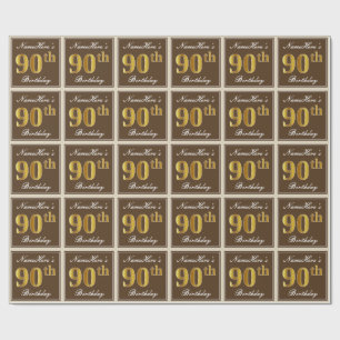 Papier Cadeau Elégant, Marron, Doré Faux 90ème Anniversaire + No