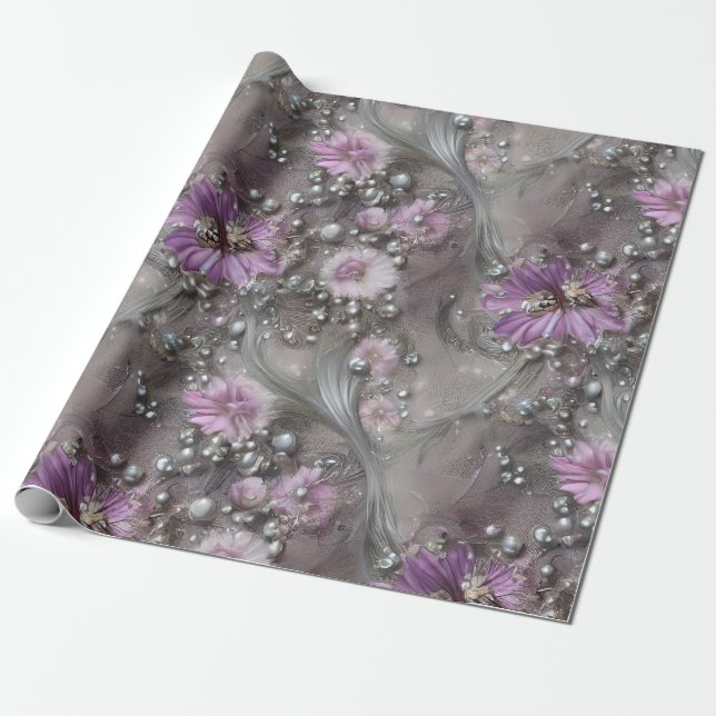Papier Cadeau Elégant Mauve, Grey et Ivory Floral & Beaded (Déroulé)