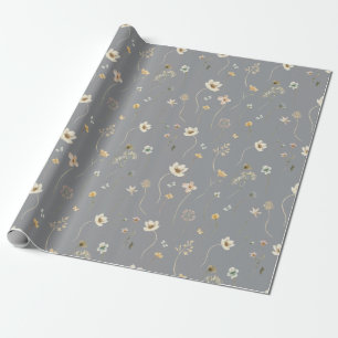 Papier Cadeau Elégant Meadow Fleurs sauvages Aquarelle Gris Brow