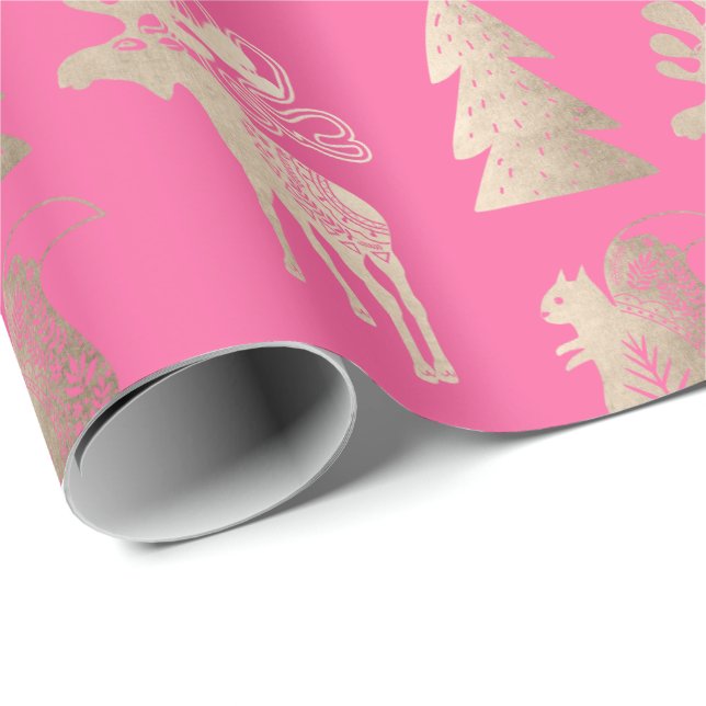 Papier Cadeau Élégant mignon rose or motif de Noël (Coin rond)