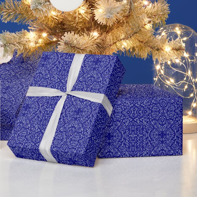 Papier Cadeau Elégant modèle bleu marine et gris Damas (Vacances)