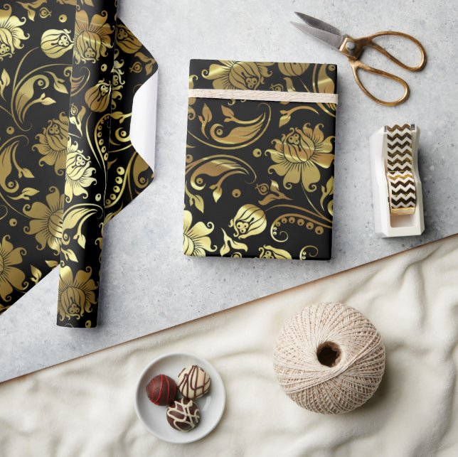Papier Cadeau Elégant modèle or et noir floral (Artisanat)