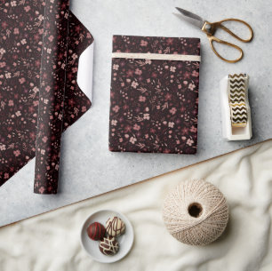 Papier Cadeau Elégant motif botanique rouge floral bordeaux