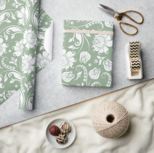 Papier Cadeau Élégant motif damassé floral blanc et vert sauge