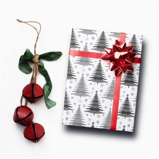 Papier Cadeau Élégant Motif d'arbre de Noël noir et blanc (Créateur téléchargé)