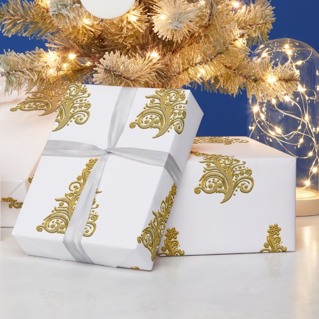 Papier Cadeau Élégant Motif d'Arbre de Noël Or (Vacances)