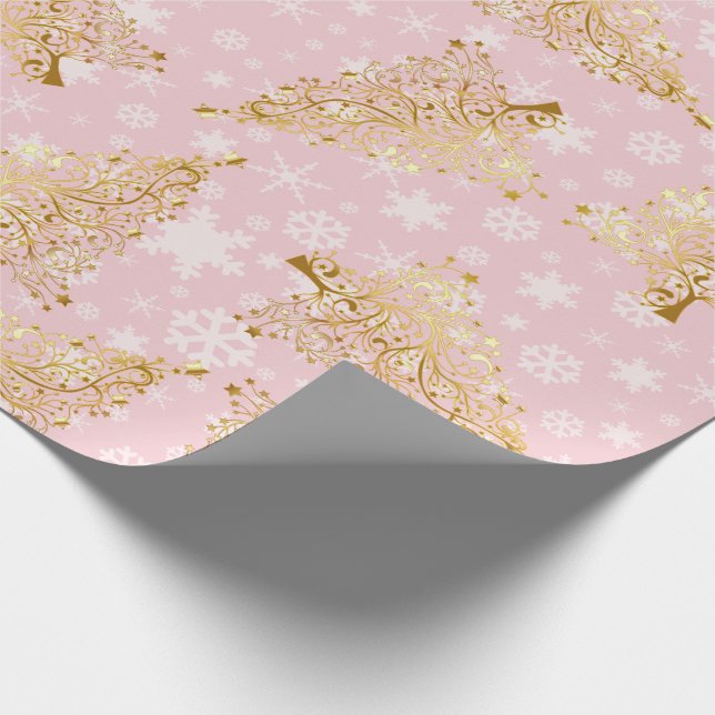Papier Cadeau Élégant Motif d'arbre de Noël rose et or (Coin)