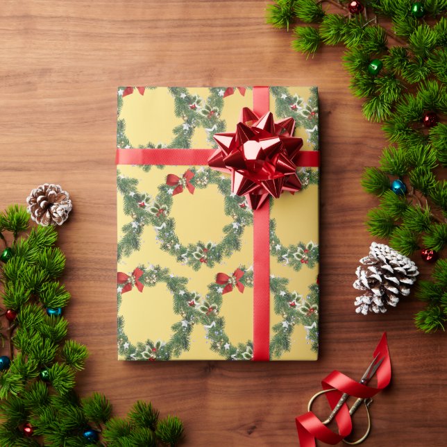 Papier Cadeau Élégant Motif de couronne de Noël Or (Cadeau de vacances)