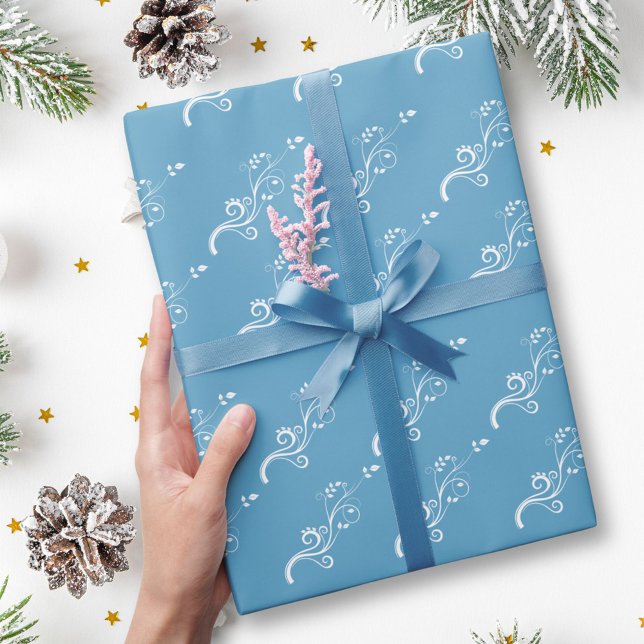 Papier Cadeau Élégant Motif de feuillage blanc sur bleu (Créateur téléchargé)