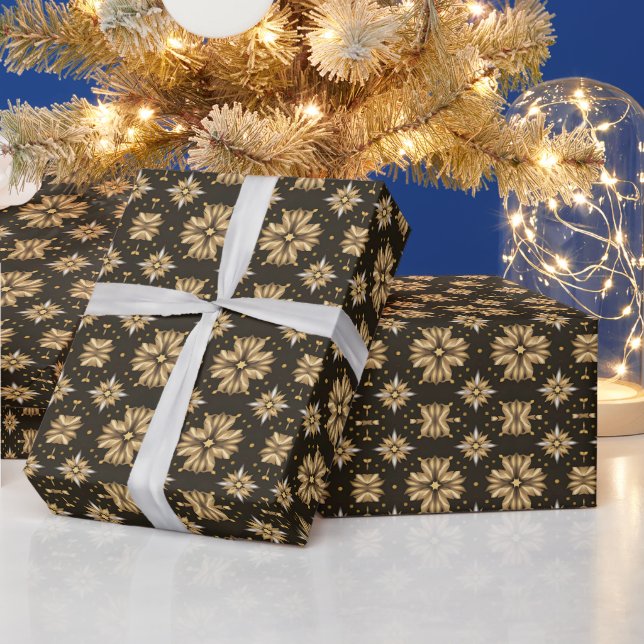 Papier Cadeau Élégant motif de fleurs dorées (Vacances)