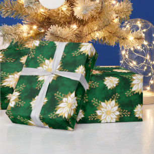 Papier Cadeau Élégant Motif de fleurs vert or blanc