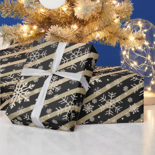 Papier Cadeau Élégant Motif de flocon de neige Noir Or
