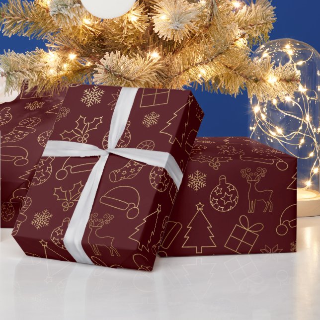 Papier Cadeau Élégant Motif de Noël Rouge et Or (Vacances)