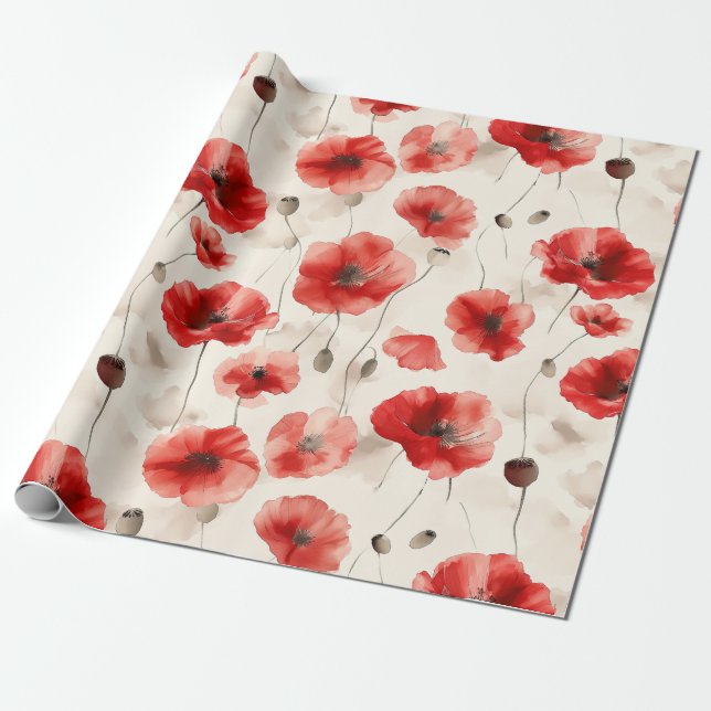 Papier Cadeau Elégant motif de pavot aquarelle (Déroulé)