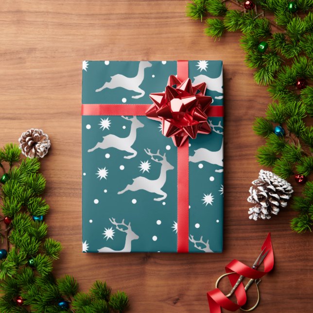 Papier Cadeau Élégant Motif de rennes de Noël Argent (Cadeau de vacances)