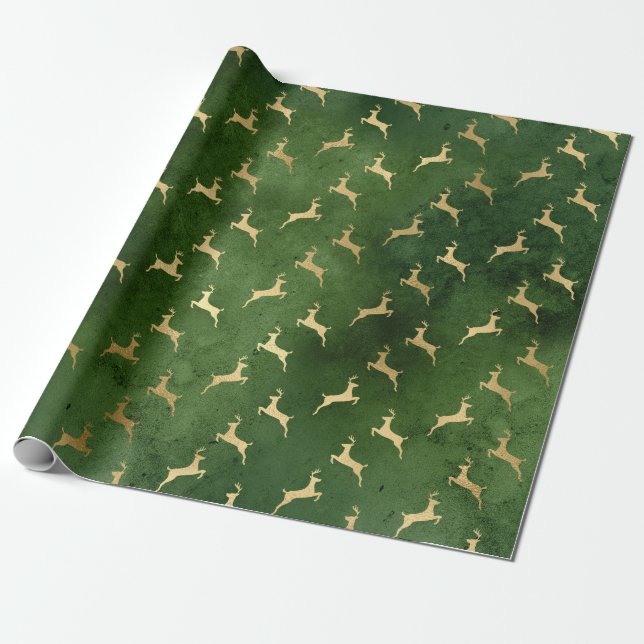 Papier Cadeau Élégant motif de rennes de Noël vert et or (Déroulé)