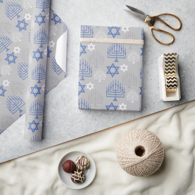 Papier Cadeau Élégant Motif de vacances Blue Hanoukka (Artisanat)