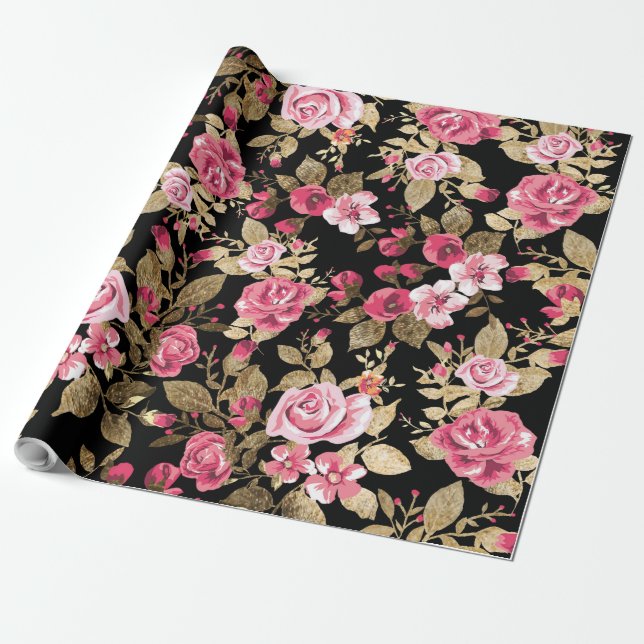 Papier Cadeau Élégant motif d'or fleuri de printemps (Déroulé)